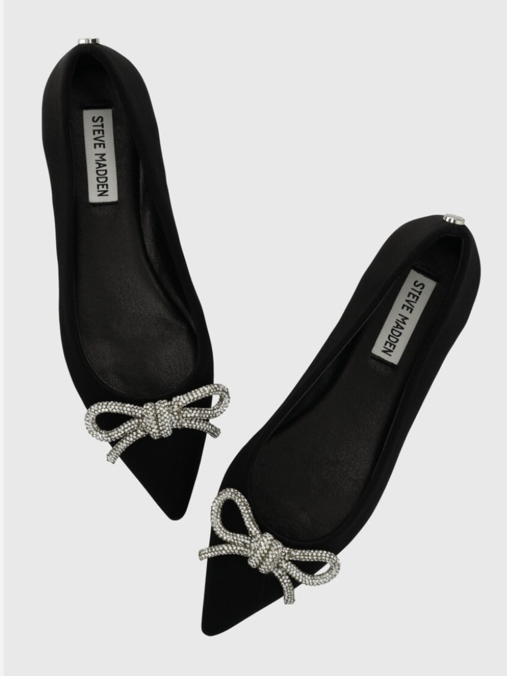 Steve Madden Black Pointed Toe Flats with Crystal Bow Accent